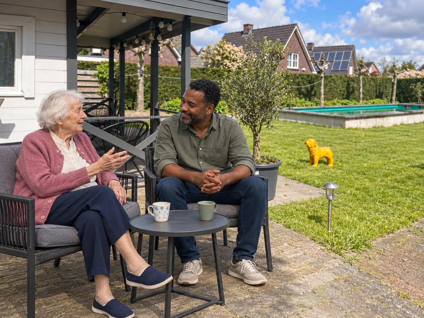 Een oudere vrouw en een man praten samen op het terras bij De Verbinding