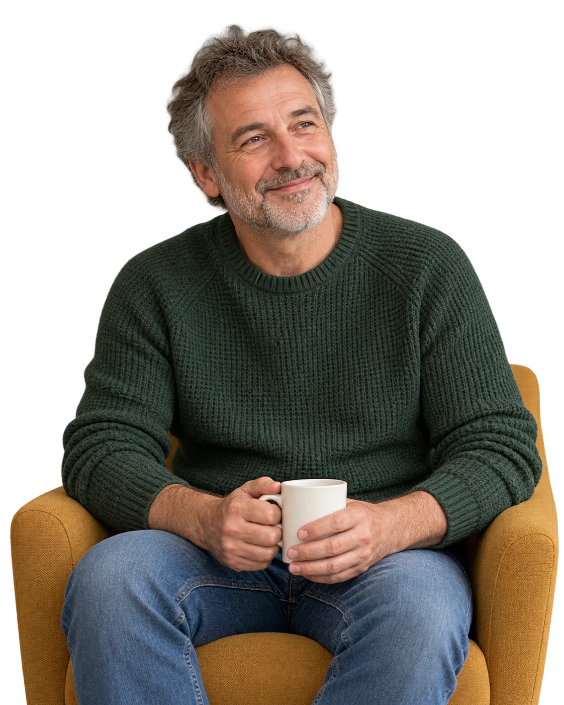 Illustratief portret van een man die ontspannen een kop koffie vasthoudt